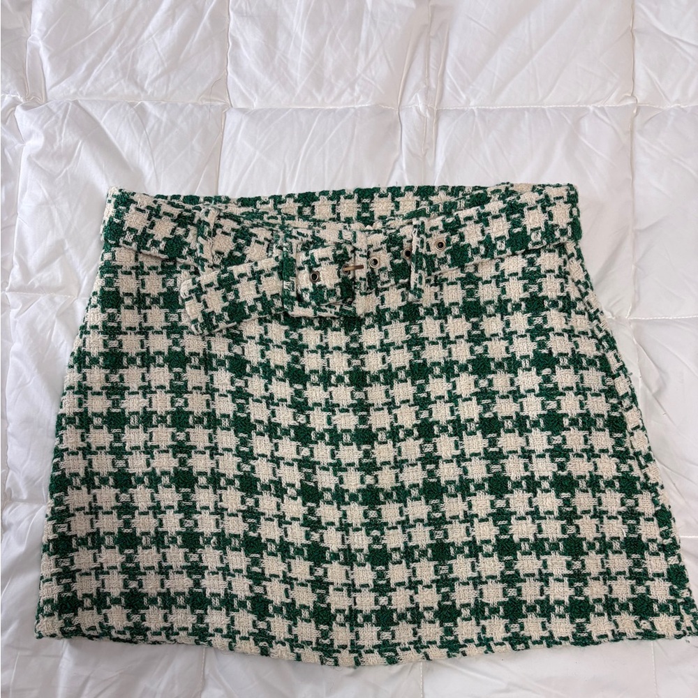 ZARA TWEED BELTED MINI SKIRT GREEN & WHITE PLAID SIZE LARGE